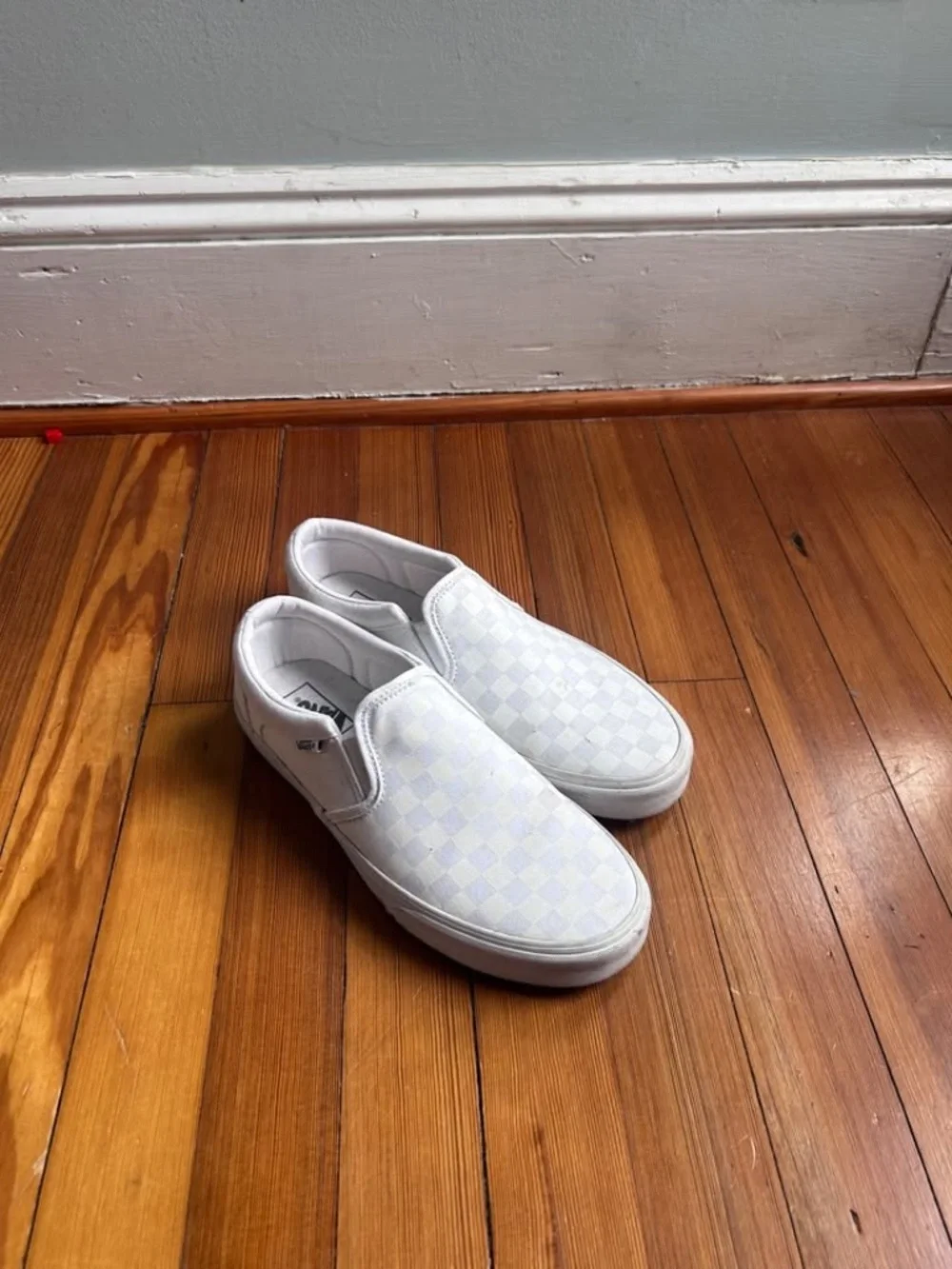 Vans Checkerboard Slip-Ons – White & Gray – Men's 9.5